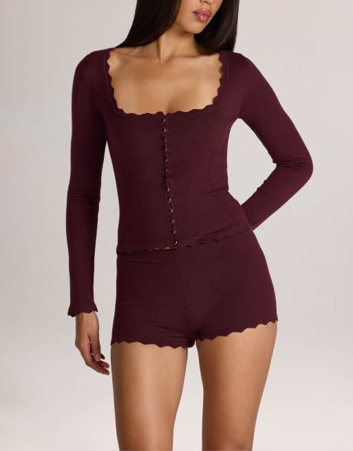 Oh Polly knit square neck scalloped edge cardigan in burgundy, 2 of 4