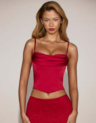 Oh Polly - Korsett-Oberteil aus Satin in Rot mit Wasserfallausschnitt und Schnürung