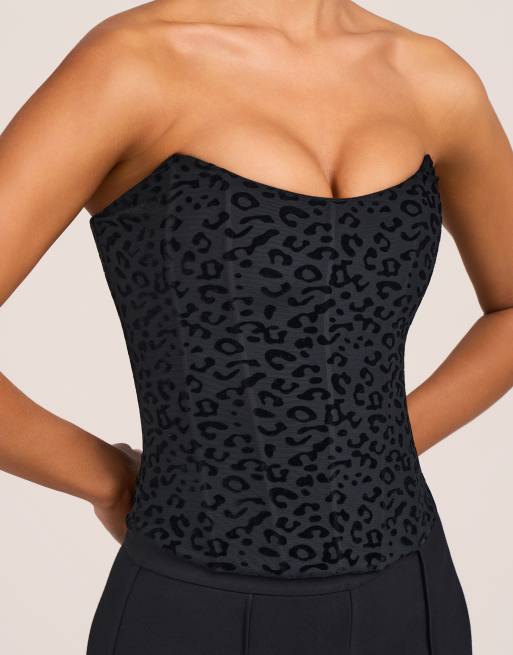 Oh Polly Korsett-Top mit Bindeband hinten als Kombiteil in Schwarz mit Leopardenmuster, 2 von 4