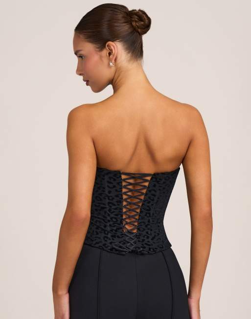 Oh Polly Korsett-Top mit Bindeband hinten als Kombiteil in Schwarz mit Leopardenmuster, 4 von 4