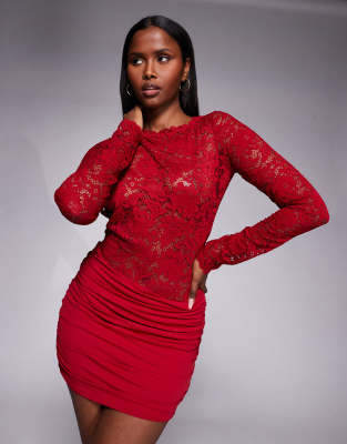 Oh Polly Lace Bodice Boat Neck Low Back Draped Skirt Mini Dress In Red