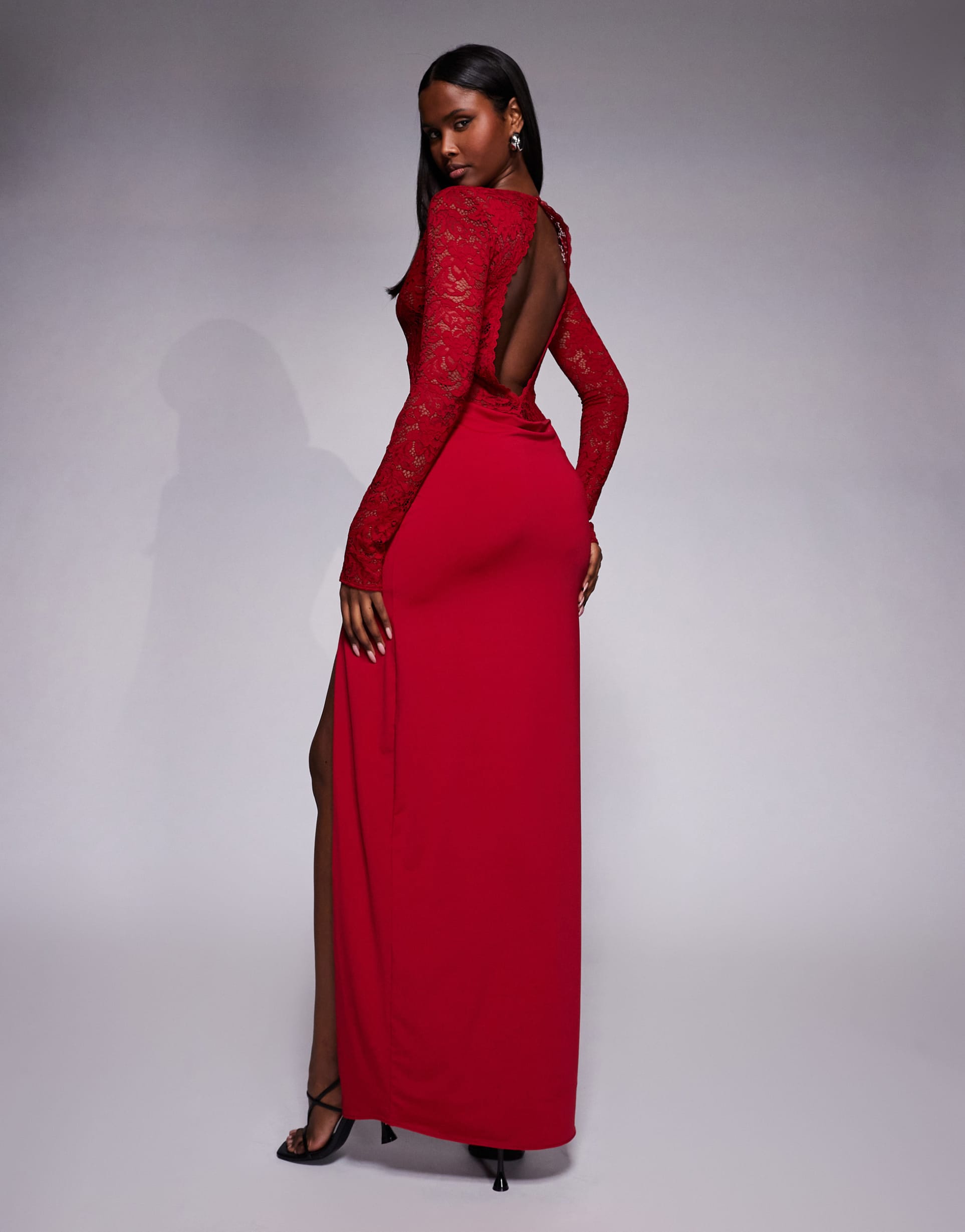 oh polly lace bodice plunge neck draped skirt maxi dress in red
