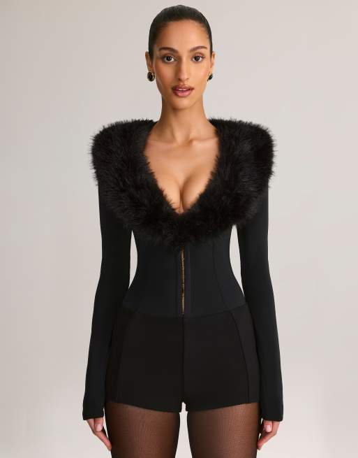 Oh Polly lace faux fur trim long sleeve mini short playsuit in black, 2 of 4