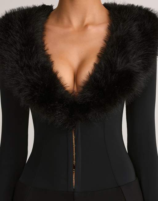 Oh Polly lace faux fur trim long sleeve mini short playsuit in black, 3 of 4