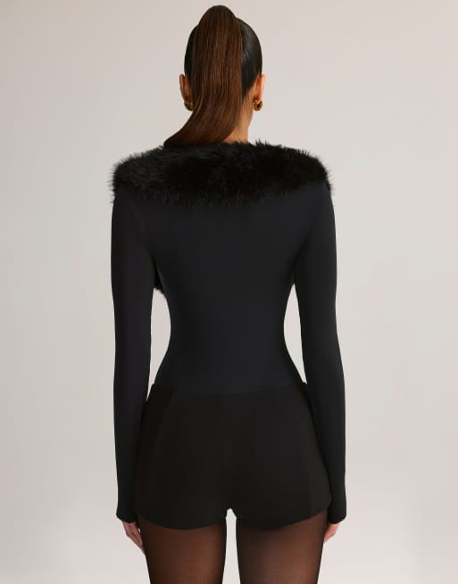 Oh Polly lace faux fur trim long sleeve mini short playsuit in black, 4 of 4