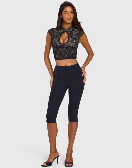 Oh Polly lace mandarin collar cap sleeve cut out detail top in black, 2 of 4