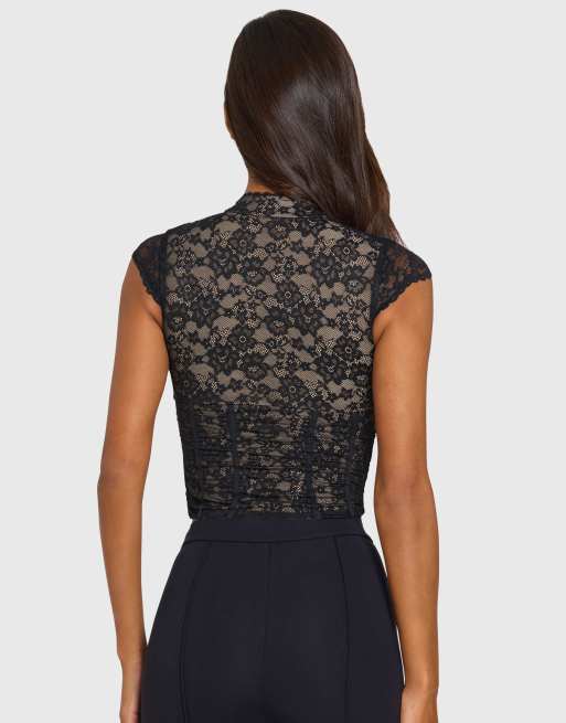 Oh Polly lace mandarin collar cap sleeve cut out detail top in black, 3 of 4