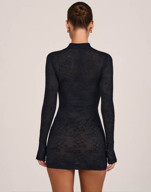 Oh Polly lace mandarin collar mini dress in black, 4 of 4