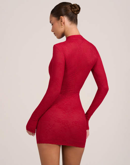 Oh Polly lace mandarin collar mini dress in red, 4 of 4