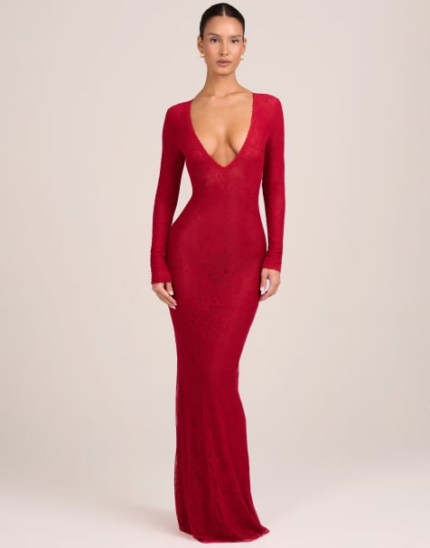 Oh Polly lace mesh plunge neck maxi dress in red - view 1