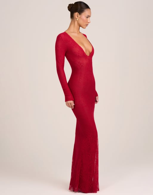 Oh Polly lace mesh plunge neck maxi dress in red, 2 of 4