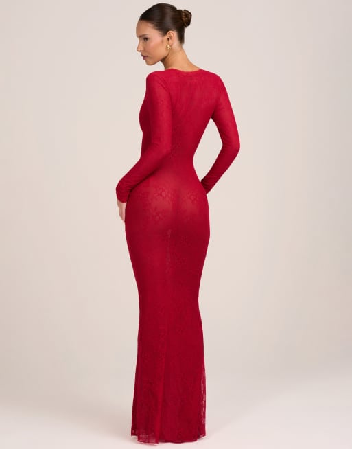 Oh Polly lace mesh plunge neck maxi dress in red, 3 of 4