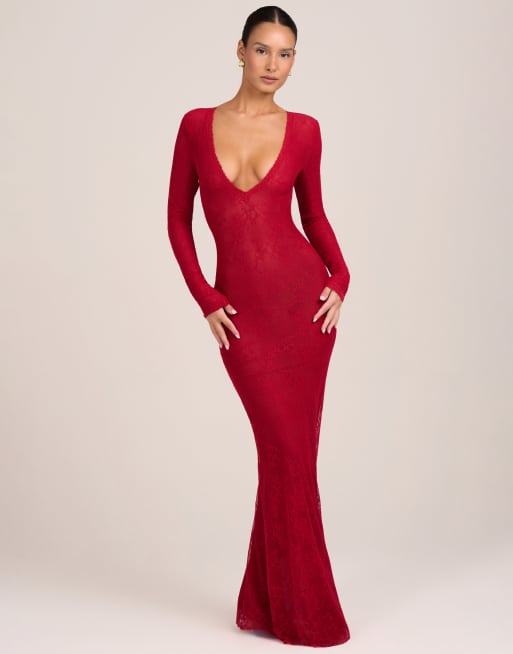 Oh Polly lace mesh plunge neck maxi dress in red, 4 of 4