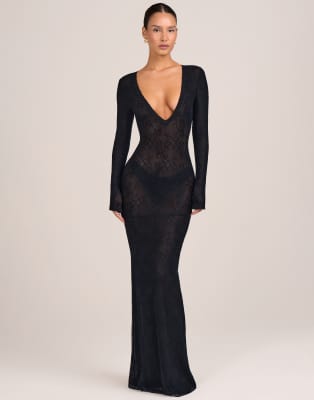 Oh Polly Lace Plunge Neck Maxi Dress In Black