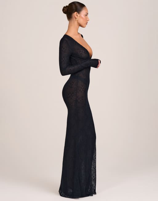 Oh Polly lace plunge neck maxi dress in black, 2 of 4