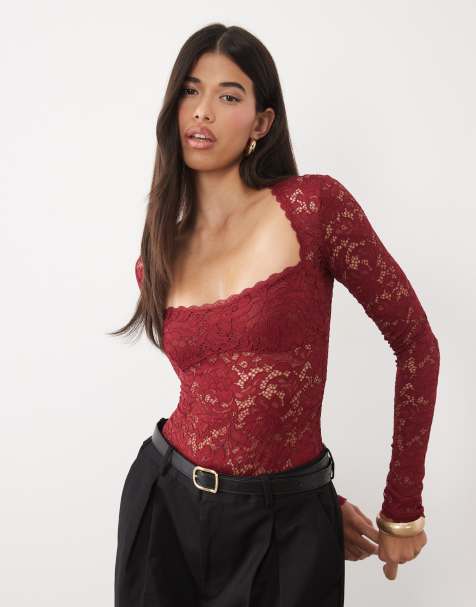 Oh Polly lace square neck long sleeve bodysuit in red - view 1