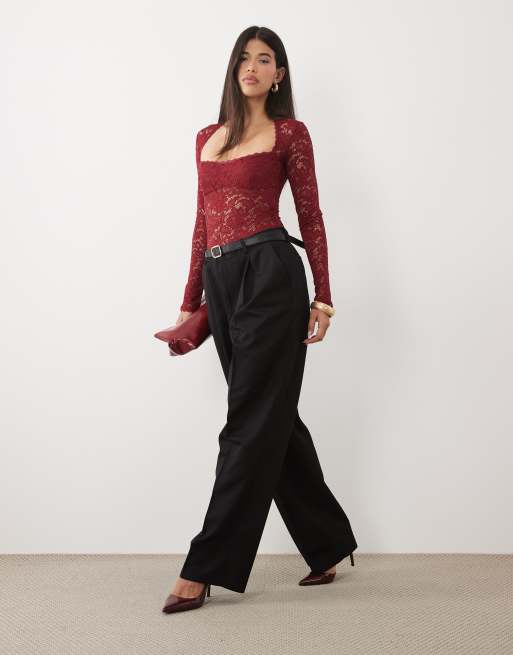 Oh Polly lace square neck long sleeve bodysuit in red, 2 of 4