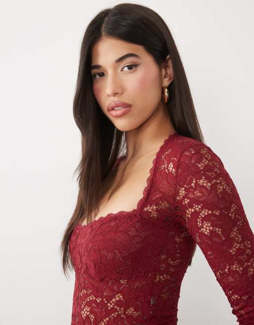 Oh Polly lace square neck long sleeve bodysuit in red, 3 of 4