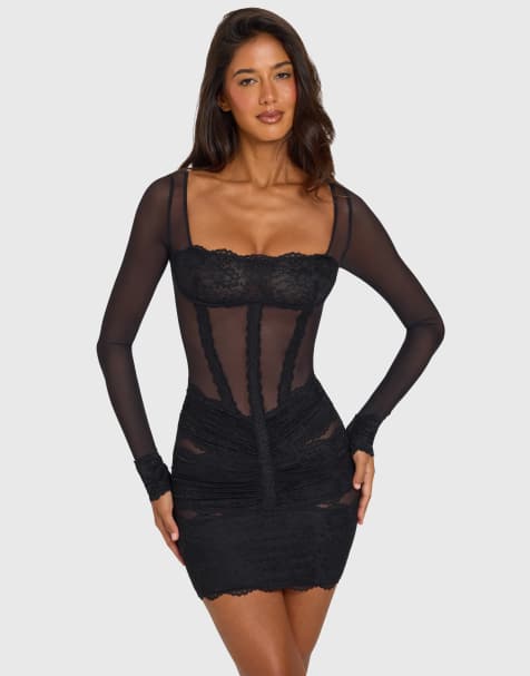 Oh Polly lace square neck long sleeve mini dress in black - view 1
