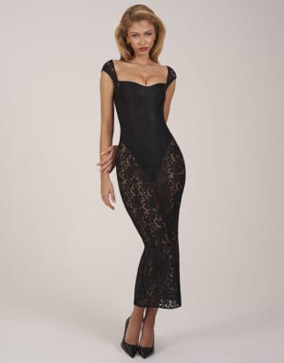 Oh Polly Lace Sweetheart Neck Cap Sleeve Mesh Maxi Dress In Animal Print