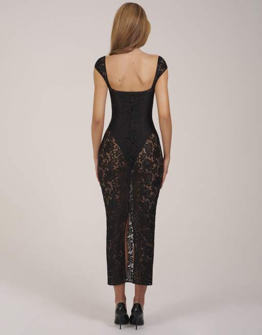 Oh Polly lace sweetheart neck cap sleeve mesh maxi dress in black, 4 of 4