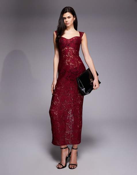 Oh Polly lace sweetheart neck cap sleeve mesh maxi dress in cherry red - view 1