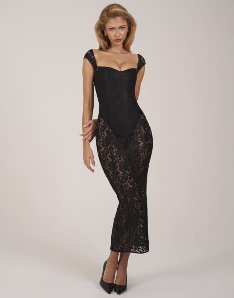 Oh Polly lace sweetheart neckline cap sleeve mesh maxi dress in black - view 1