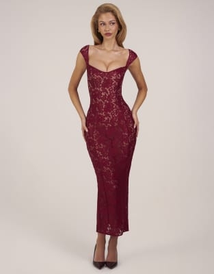 Oh Polly lace sweetheart neckline cap sleeve mesh maxi dress in cherry red