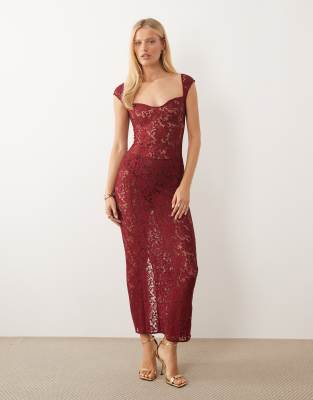 Oh Polly Lace Sweetheart Neckline Cap Sleeve Mesh Maxi Dress In Red