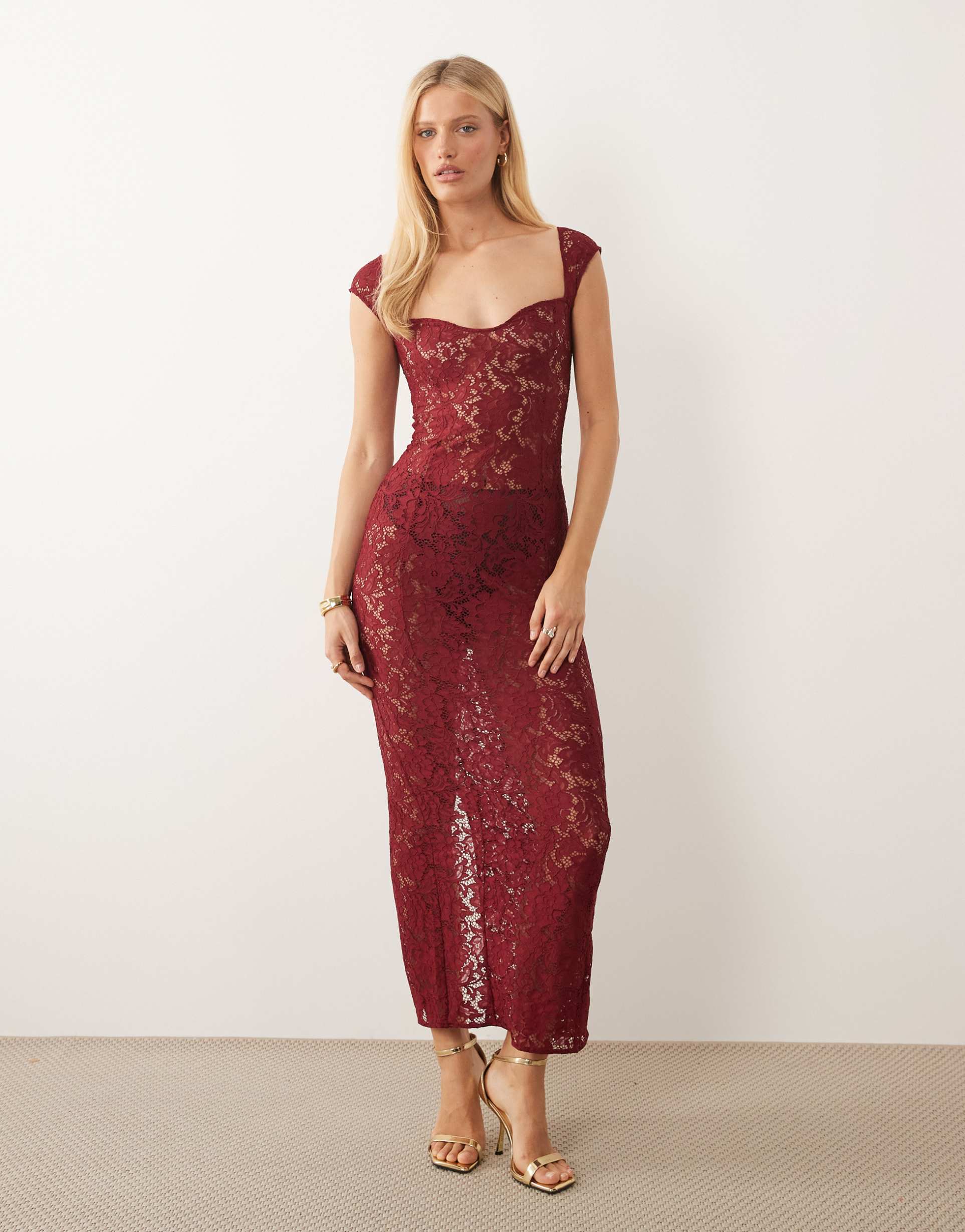 oh polly lace sweetheart neckline cap sleeve mesh maxi dress in cherry red