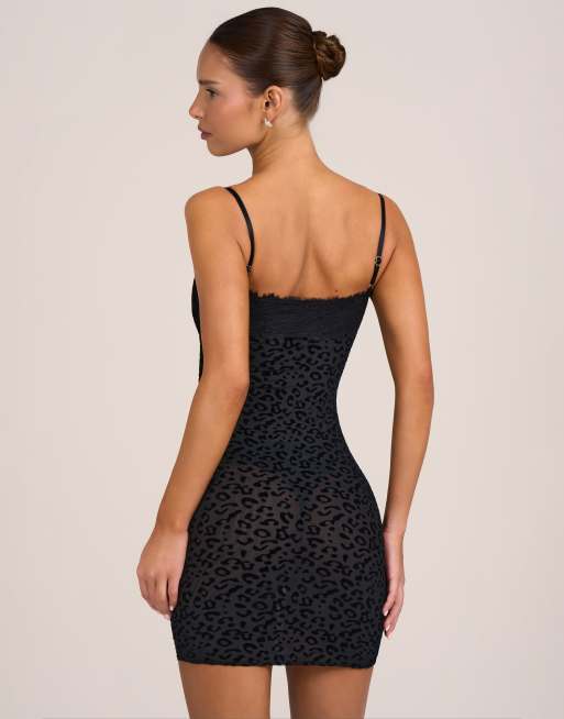 Oh Polly lace trim cami mini dress in black leopard, 4 of 4