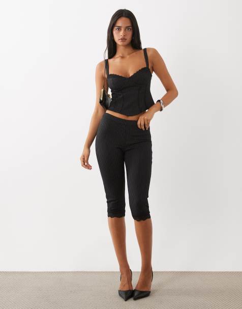 Oh Polly lace trim corset top and mid rise capri pants set in black pinstripe - view 1