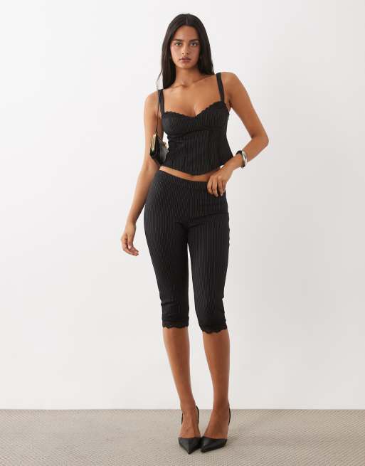 Oh Polly lace trim corset top co-ord in black pinstripe, 2 of 4