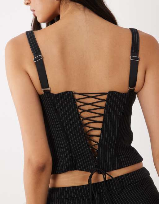 Oh Polly lace trim corset top co-ord in black pinstripe, 3 of 4