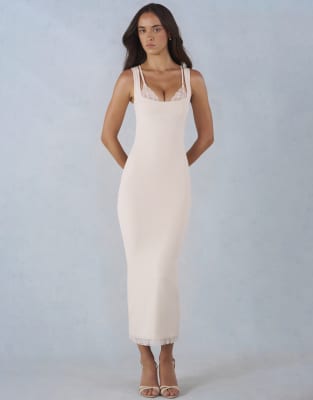Oh Polly Lace Trim Detail Midi Dress In White