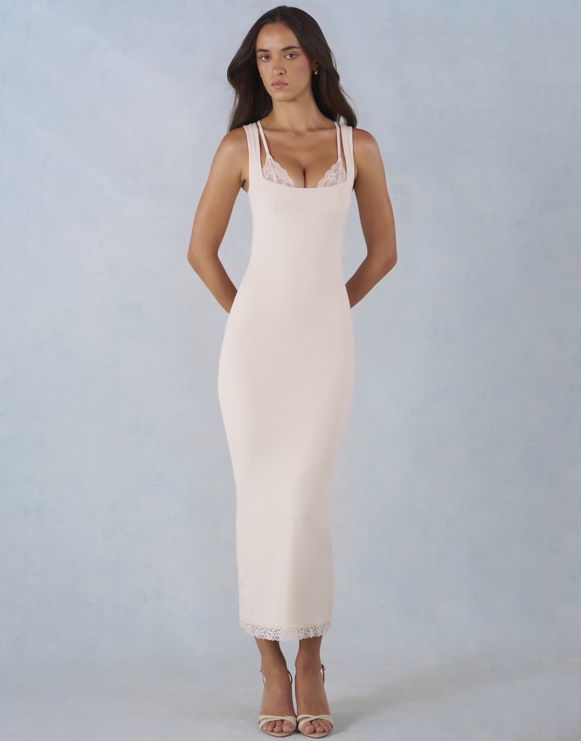 oh polly lace trim detail midi dress in ivory
