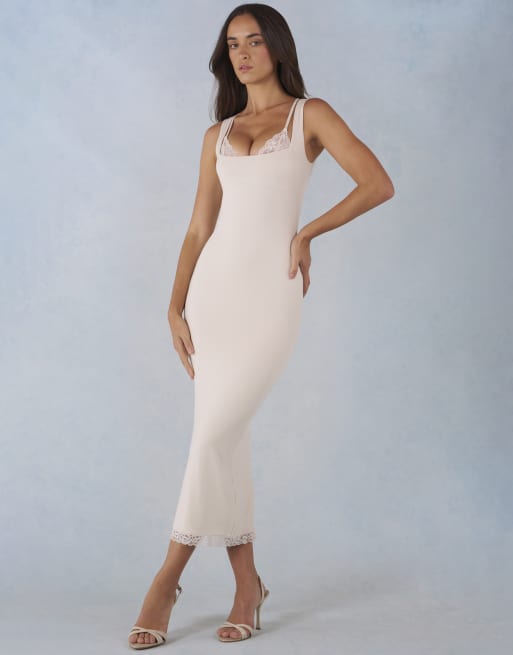 Oh Polly lace trim detail midi dress in ivory, 4 of 4