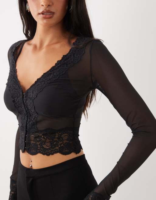 Oh Polly lace trim hook and eye cardigan in black, 3 of 4