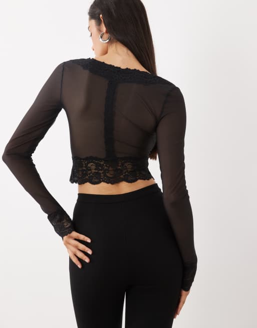 Oh Polly lace trim hook and eye cardigan in black, 4 of 4