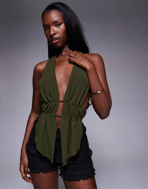 Oh Polly Larisa split front top in dark khaki - view 1