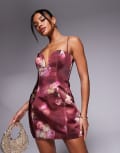 [Oh Polly] Oh Polly Liliosa strapless sweetheart mini dress in maroon floral print-Red 18 Maroon Floral Print