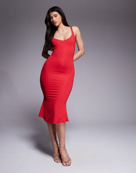 Oh Polly Lois plunge open-back midaxi dress in cherry red