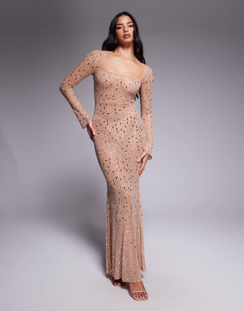 Oh Polly long sleeve bodycon hot fix embellished maxi dress in beige - view 1