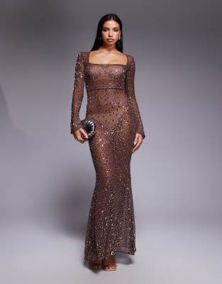 Oh Polly long sleeve bodycon hot fix embellished maxi dress in brown