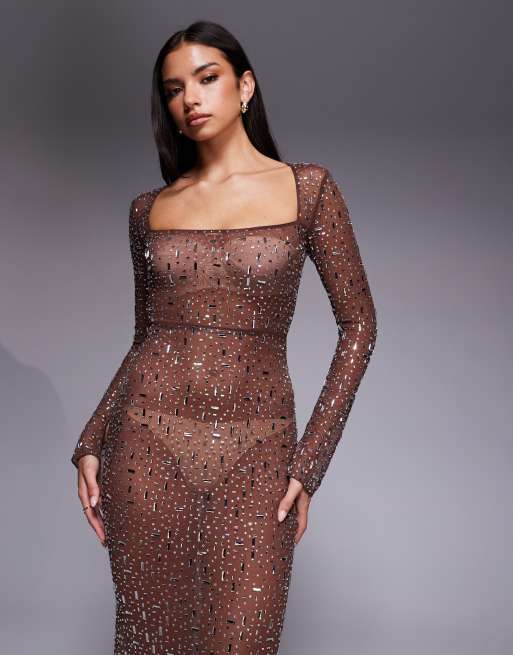 Oh Polly long sleeve bodycon hot fix embellished maxi dress in brown