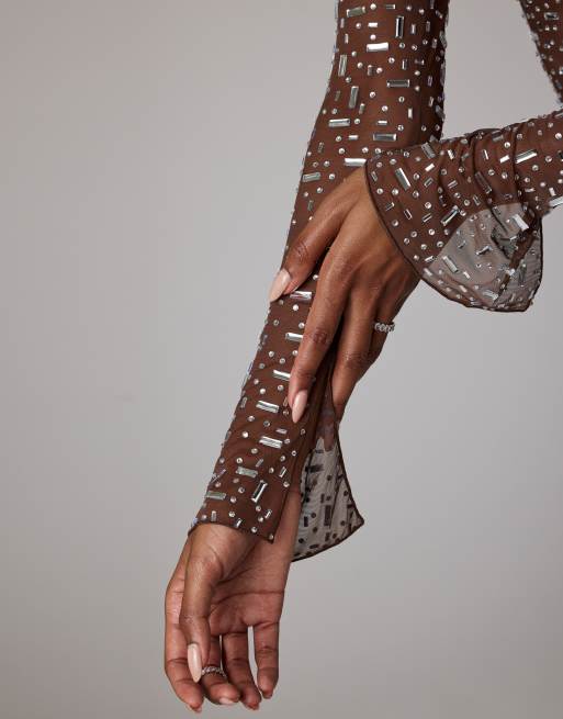 Oh Polly long sleeve bodycon hot fix embellished maxi dress in brown