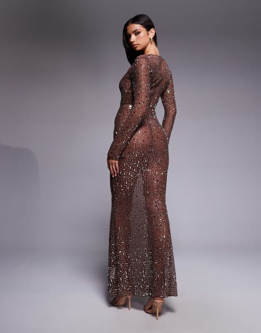 Oh Polly long sleeve bodycon hot fix embellished maxi dress in brown