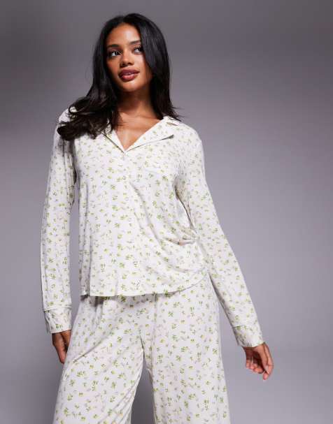 Oh Polly long sleeve pyjama shirt co-ord in lemon print - view 1