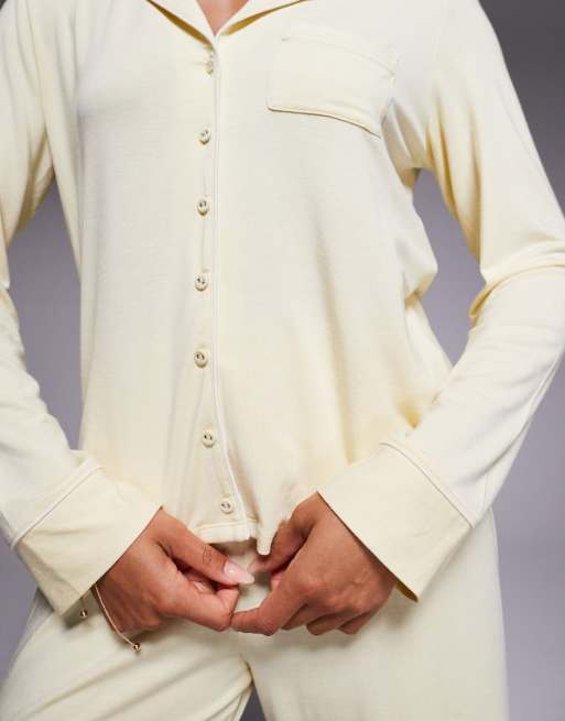Oh Polly long sleeve pyjama shirt co-ord in pastel yellow, 2 of 4