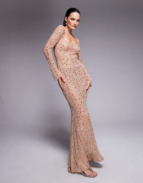 Oh Polly long sleeved bodycon hot fix embellished maxi dress in beige - view 1